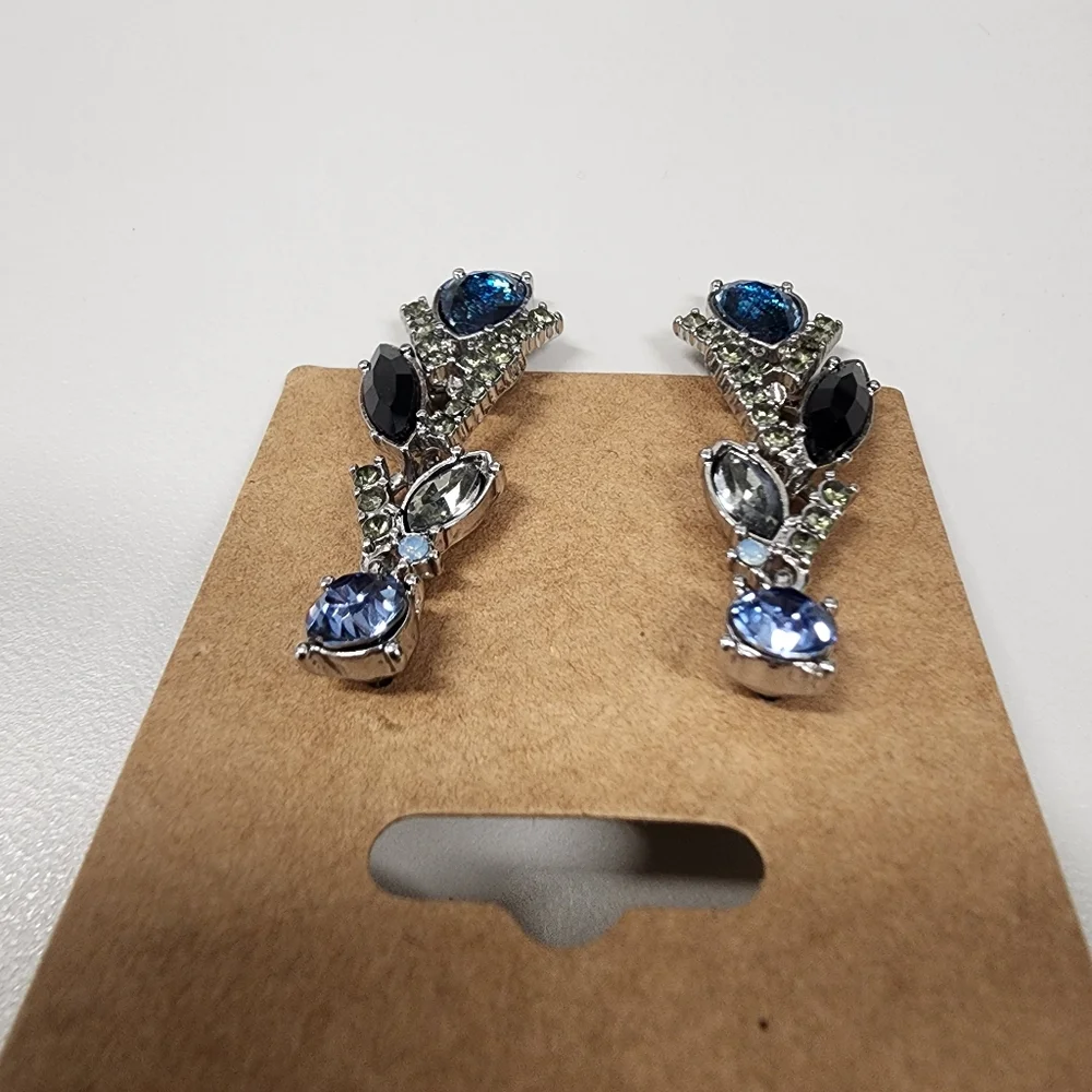 Rhinestine Drop Earrings Silver-tone Statement Prom Party Classy Blue Black Gray